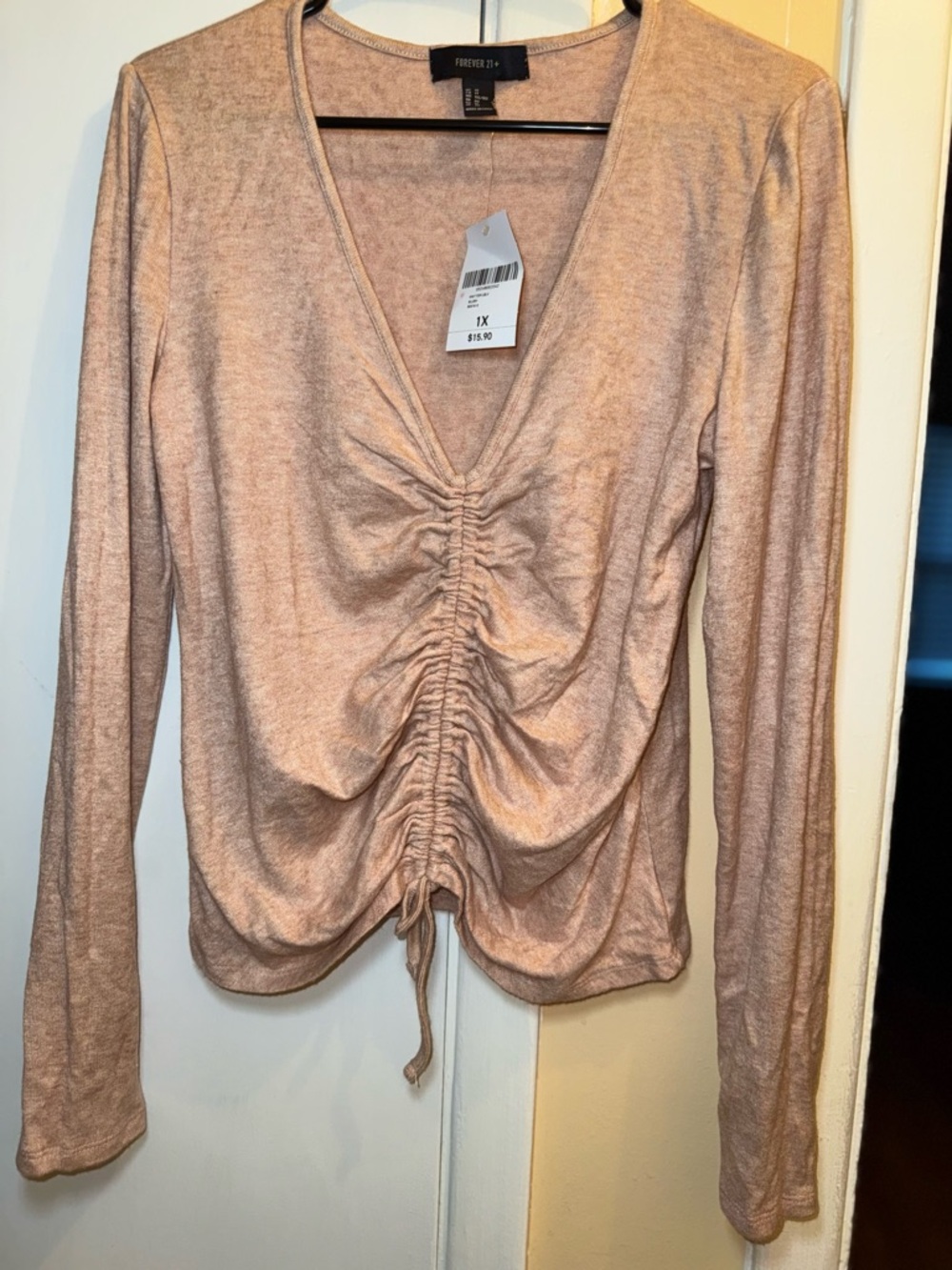 Forever 21 Dusty Blush Ruched V-Neck Long Sleeve Top